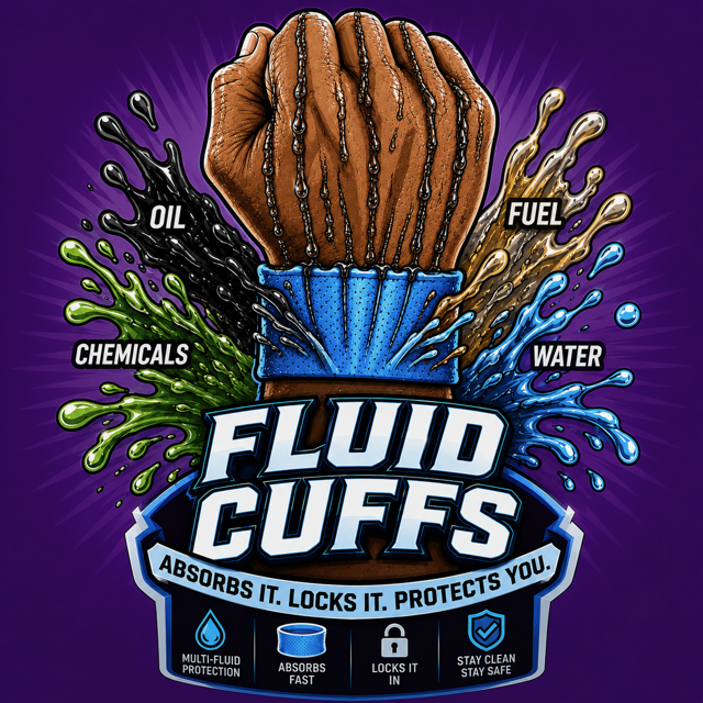 Fluid Cuffs logo: a fist wearing a blue absorbent wrist cuff catching oil, fuel, water and chemical splashes